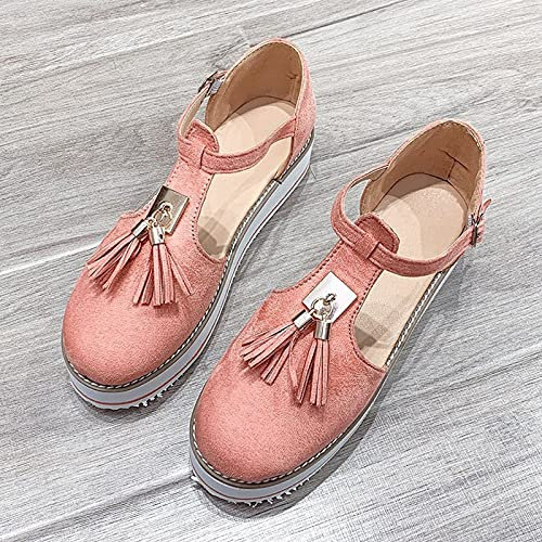 HHZY Sandales Femme Été Confortable Talon Compensées Nu-Pieds Gland Mode Chaussure Orthopédique Bout Fermé Plateforme Cuir PU Grande Taille Claquettes Plats,Rose,38