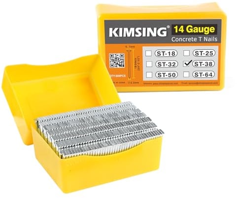 KIMSING Chiodi con finitura zincata indurita calibro 14, 38 mm, 800 pezzi/scatola, chiodi a T per calcestruzzo resistente, chiodatura per lavorazione del legno, muratura