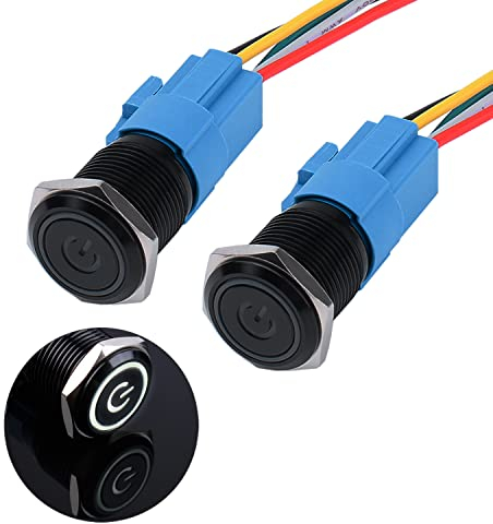 JIQI 2× 16mm Rastende wasserdichte Druckschalter 12V bis 24V 3A Latching Push Button mit LED Power Symbol einrastend Schalter aus Metall schwarz vorverdraht Drucktastenschalter mit IP66 1NO 1NC (Weiß)