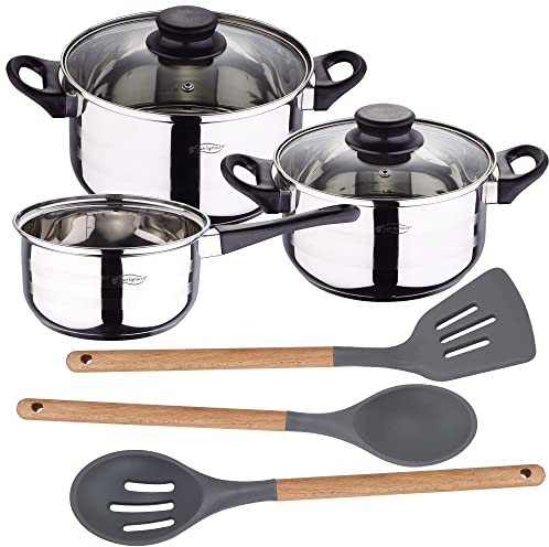 PACK BATERÍA DE COCINA 5 PIEZAS + SET DE 3PC UTENSILIOS DE COCINA DE SILICONA Y MADERA
