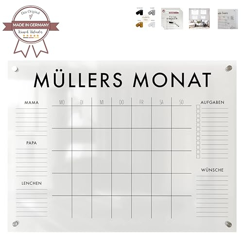 Wunsch Kalender - personalisierter Wandkalender - wählbar 3 bis 5 Namen - wiederverwendbarer Kalender aus Acrylglas - Familienplaner abwischbar als Hingucker für jeden Raum