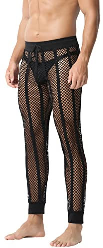 FEOYA Herren Männer Hose transparent Netz Leggings Nachtwäsche Sexy Transparent Mesh Pantyhose Sport Unterwäsche Hose Herren Mesh durchsichtige Lange Hose mit Kordelzug Schwarz L