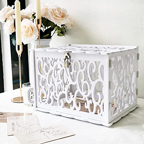 GUDELAK Wedding Card Box PVC Hollow With Lock and Card Sign, Upgraded Security Money Box Gift Card Box for Wedding, White