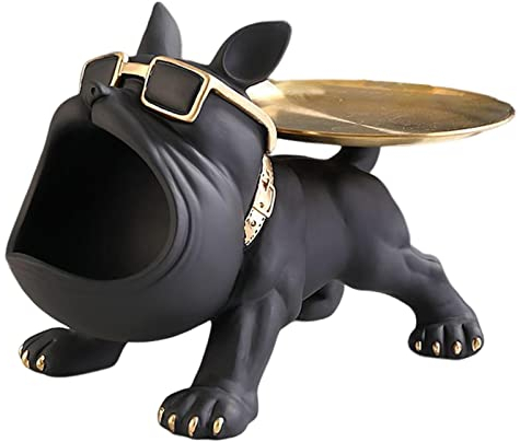Bulldogge Skulptur Französisch Statue Mit Edelstahl Tablett, Französische Bulldogge Figur, Französische Bulldogge Schlüssel Schale Schmuck Aufbewahrungsbox Modern Skulptur Deko Für Flur Wohnzimmer