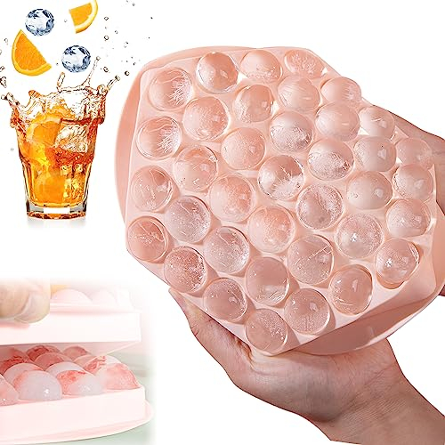 Molde Redondo para Cubitos de Hielo con Tapa, 37 Compartimentos BPA-Gratis Molde para Cubitos de Hielo Bandeja para Bebidas, Whisky, Proyectos de Bricolaje, Cubitos de Hielo de Frutas - Rosa