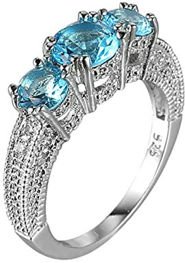 Daesar Ringe Frauen Verlobung, Ring Versilbert mit 3 Steine Blau Zirkonia Hochzeit Ring Damen Personalisiert Große 57 (18.1)