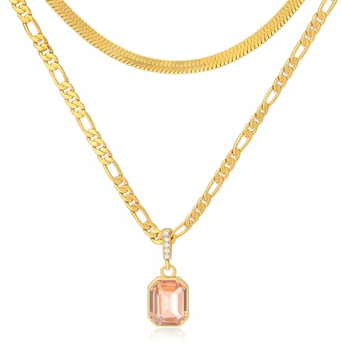 Mesovor Goldene Geschichtet Ketten Halsketten mit Anhänger Kristall, 18 Karat Vergoldete Figaro und Schlangenkette Halsband Halskette für Frauen Mädchen Schmuck Geschenke (Gelb)