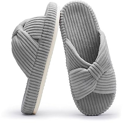 Chantomoo Hausschuhe für Frauen Memory Foam Haus Schlafzimmer Cord Schleife Crossbands Slide Slipper Schuhe Bequem Trendy Geschenk Hausschuhe, Grau, 38/39 EU