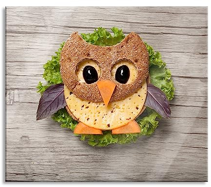 das lustige Eulen Sandwich Herdabdeckplatte & Spritzschutz aus Echtglas | Für Herd-Kochfelder | 60x52 cm