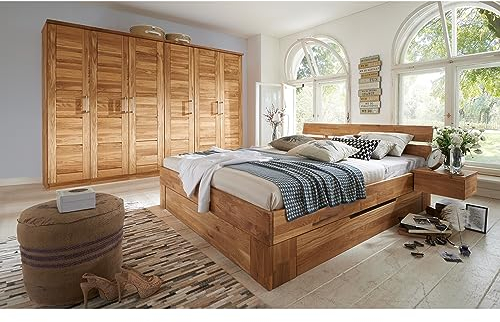 Lomadox Schlafzimmer komplett Set 6-türiger Massivholz Kleiderschrank Schrank mit 180x200 cm Bett Set in Wildeiche massiv