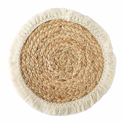 SHTGOI 2 Stück Makramee Untersetzer Handgefertigte Gewebte Runde Tischsets mit Quasten rutschfest Hitzebeständige Boho Baumwolle Platzsets Coasters für Zuhause Restaurant Büro Bar Primärfarbe 20cm