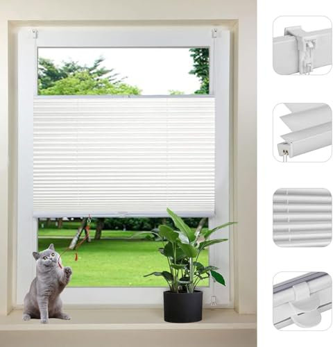 Plissee ohne Bohren Klemmfix 75 x 210 cm Schallschutz Wärmeisolierung Estika Plissee ohne Bohren nach maß kinderleichte Montage für Fenster & Tür Balkontür, Weiß