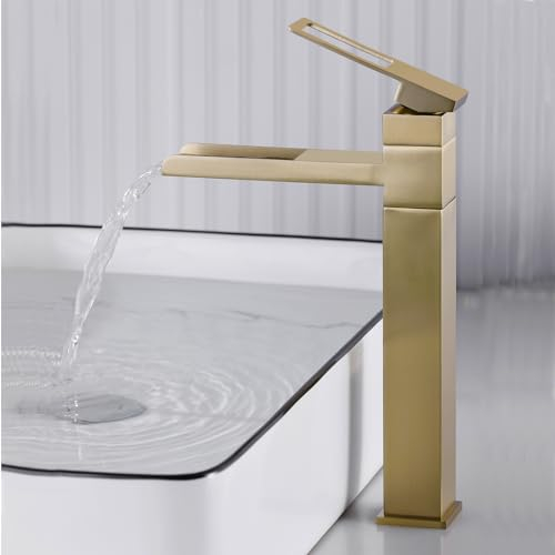 SHANFO Waschtischarmatur Gold, Wasserhahn Bad Hoch Wasserfall, 360° Schwenkbar Mischbatterie Waschtisch, Einhebelmischer für Bad, Hoch Armatur, Gold Gebürstet, 6M4OK-T