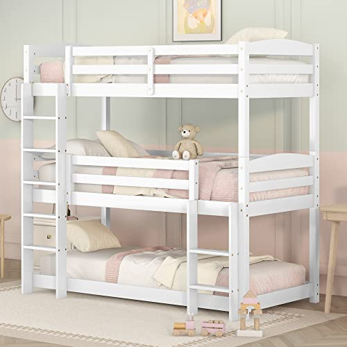 Azkoeesy Litera para 3 niños - 3 x 90 x 200 cm - Marco de Cama extraíble Convertir en 2 Camas, Tres, litera, Cama de Invitados, Madera de Pino (Blanco), WX112
