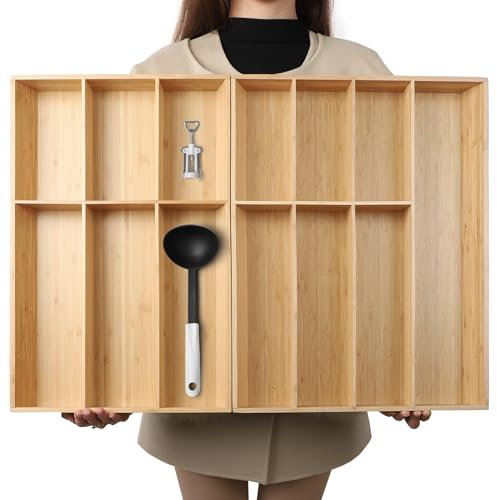 BAMOTTO CRAFTBAMBOO BAMOTTO V-Shaped Extra Large Bamboo Drawer Organizer Set of 2, Kitchen Cutlery Tray Utensil Plate, Flatware&Silverware Storage Box, Wood Organizer for Bedroom, Living Room