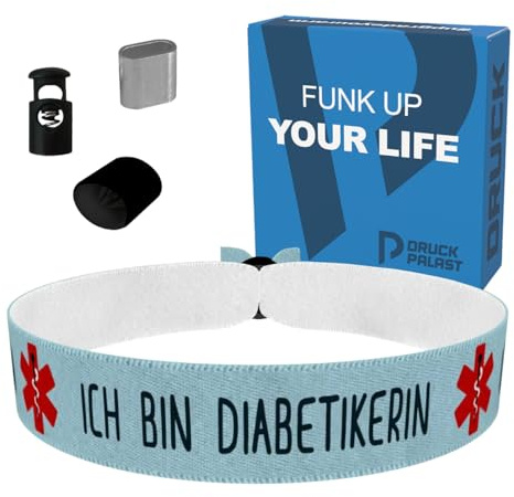 Ich bin Diabetikerin blau Stoffarmband - Notfallarmband für Kinder - Urlaubsarmband - Stoffarmband mit Telefonnummer - Wasserfest & verstellbar - Handmade