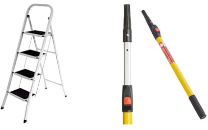 Home Vida 4 Step Ladder, Heavy Duty Steel, Folding, Portable with Anti-Slip Mat & ProDec 2' - 4' (0.6-1.2m) Button Lock Fibreglass & Aluminium Extension Pole for Paint Roller Frames