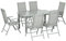 Outsunny 7 Piece Garden Dining Set, Outdoor Table and 6 Folding and Reclining Chairs, Aluminium Frame, Tempered Glass Top Table, Texteline Seats, Grey