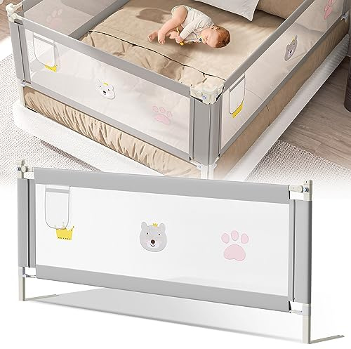 Fiqops Bettgitter rausfallschutz 150cm,Rausfallschutz Bett Klappbar,Bettschutzgitter vertikalen Heben,Fallschutz Bett stabile Bauweise,Baby bettgitter für Kinder,Grau Cartoon