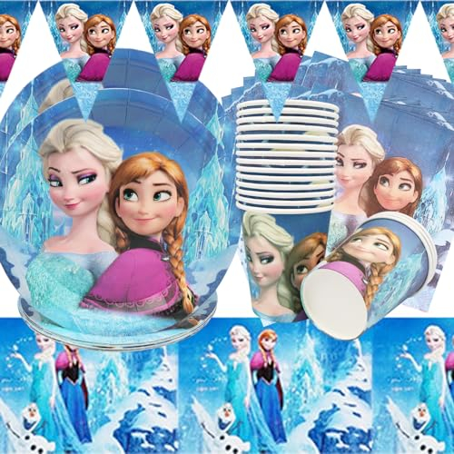 Doyomtoy Vajilla Cumpleaños de Frozen,62 Pcs Productos para Fiestas de Princesas,Vajilla Princesa Azul Reina del Hielo,Platos de Papel Toallas de Papel Vasos de Papel Manteles Banderas (20 Invitados)