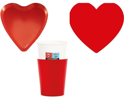 Set 32 pezzi - Kit Coordinato tavola CUORI ROSSO BIODEGRADABILE - decoro buffet feste - 8 piatti cuore ROSSO + 8 Bicchieri + 16 tovaglioli