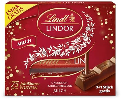 Lindt Schokolade LINDOR Sticks Vollmilch, 3 + 1 Promotion | 100 g (4 x 25 g Schokoladenriegel) | LINDOR Sticks Milch mit zartschmelzender Füllung | Vollmilchschokolade | Schokoladen-Geschenk