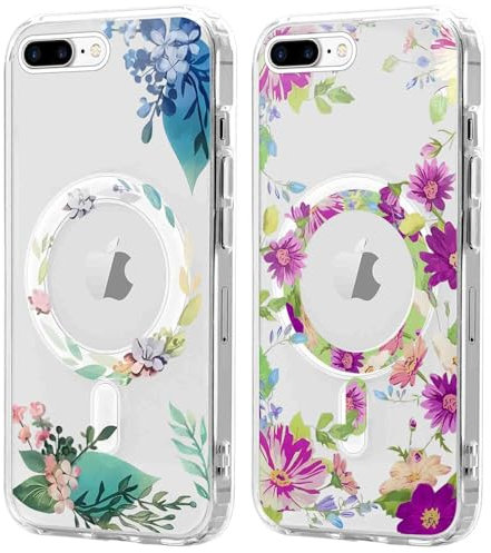 Xylota 2 Stück Magnetisch Hülle für iPhone 7 Plus/8 Plus 5,5'' [Kompatibel mit MagSafe], Mädchen Aesthetic Blumen Muster Design Klare Handyhülle, Transparent Schutzhülle für iPhone 8 Plus,Kranz 02
