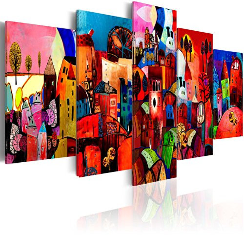 B&D XXL - Tableau décoratif moderne 200x100 cm - Impression sur toile colorée - Décoration murale pour salon et chambre - Blanc rose bleu rouge - Architecture de ville moderne et colorée 051447