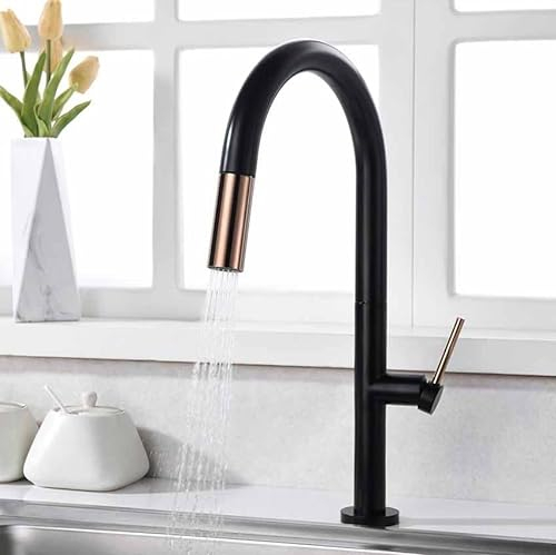 IMEX - Grifo de Cocina Extraible | Grifo Monomando Fregadero con Difusor | Griferia de Cocina con Mangera Flexible 360º | Serie Samoa | Color Negro Oro Rosa