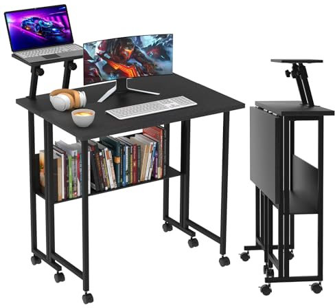 CHOWGOLI Bureau pliable avec roulettes - Bureau d'ordinateur pliable avec étagères de rangement - Bureau pliable pour économiser de l'espace - 80 x 58 x 75 cm - Noir