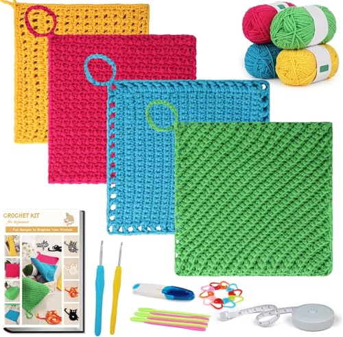 Aeelike 4 Muster Häkelset für Anfänger, Häkel Lumpen Set mit Häkelnadeln 3,5mm 4,0mm, 5Ply Häkelgarn, Zubehör, Praktisch und schön Lappen Häkelset Häkelpaket mit Anleitung, Häkeln für Anfänger Profis