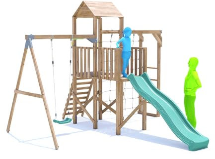 Dunster House Climbing Frame with Single Swing, High Platform, Monkey Bars, Cargo Net & Slide BalconyFort