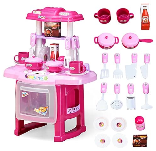 Children's Toy Kitchen Set Kids Pretend Play Cooker with Pots Pans Utensils | 24 Accessories Toy Miniature Kitchen Cookware Playset Role Playing with Realistic Cooking Light and Sound Gifts for Ages 3+