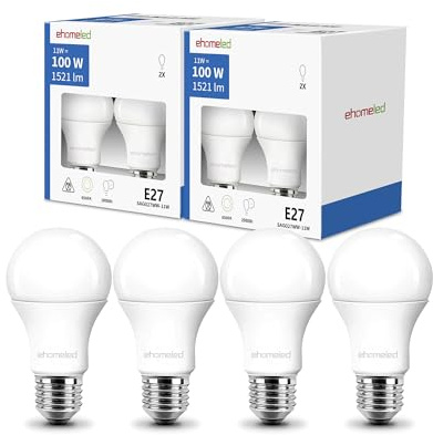 ehomeled E27 LED Kaltweiss 100W Ersetzt Glühbirne, 11W 1521 Lumen 6500K LED Leuchtmittel, Energiesparende Klassische LED Birne, Ideal für Wohnzimmer, Schlafzimmer & Büro, nicht dimmbar, 4 Stück