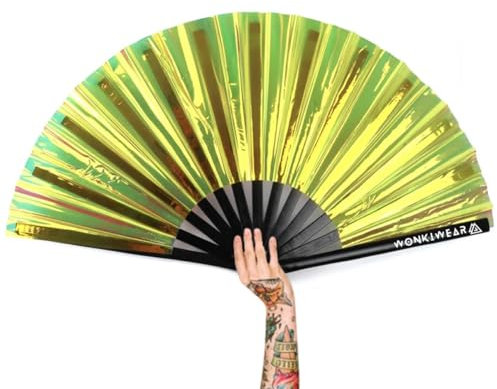 WONKIWEAR Fan, Folding Handheld, Iridescent, Holographic, Large Strong Black Bamboo. Unisex for Rave, Festival, Concert, Drag, Gay Pride (Yellow Iridescent, Large)