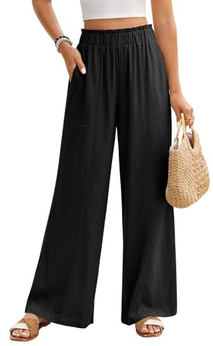 PASUDA Pantaloni in Lino Donna Estivi Larghi Leggeri con Elastico a Vita Alta Eleganti Casual da Spiaggia Comodi Tinta Unita con Tasche