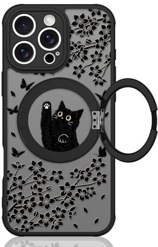 Heaofei Cute Case for iPhone 16 Pro Case with Stand, Playful Black Cat | Compatible with MagSafe, Floral & Butterflies Pattern, 360 Magnetic Ring Kickstand Phone Cover Design for Women Girls Boys