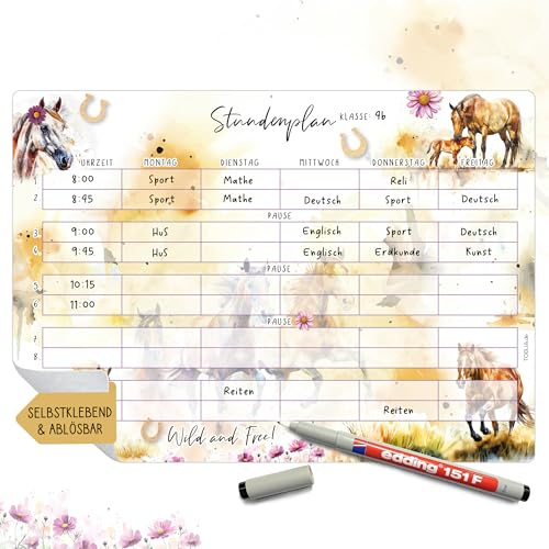 TOBJA Stundenplan abwischbar selbstklebend | Pferde Design DIN A4 | Wiederverwendbar mit wasserlöslichem edding Stift für Schulanfang & Füllung Zuckertüte Mädchen (Pferde inkl. Stift)