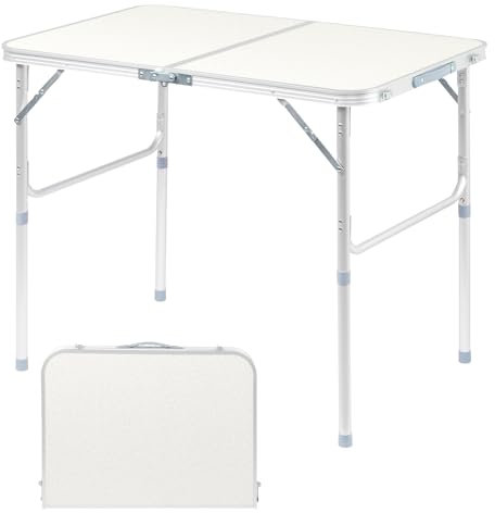 Bonnlo Klapptisch Höhenverstellbar, Gartentisch Wetterfest, Balkontisch Klappbar – Tragbarer Mehrzwecktisch als Esstisch, Grilltisch, Campingtisch & Beistelltisch Outdoor, 90 x 60 x 70 cm, Weiß