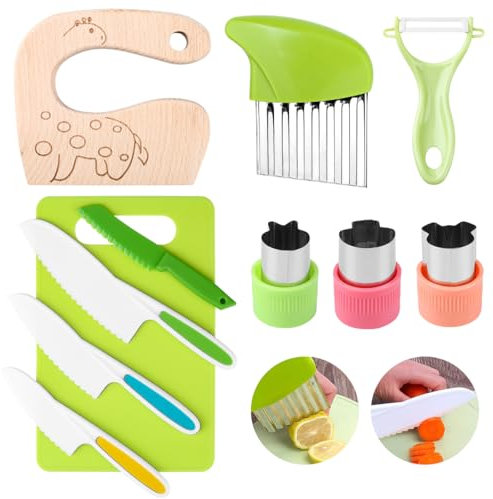 KUDLE 11 teiliges Kindermesser Set, Kinder Sicherheit Kochmesser Küchenmesser Set mit Gemüse Ausstechformen, Holzmesser, Schneidebrett für Kinder ab 3 Jahren Montessori Messer kochset