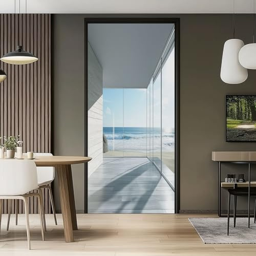 3D Türaufkleber 95 x 215 cm 3D Zimmer Bodentiefe Fenster Strand Tür Türtapete Selbstklebend Wasserdicht Abnehmbar Türfolie TürPoster Fototapete Wohnzimmer Schlafzimmer Küche Bad Dekoration, Weiß Blau
