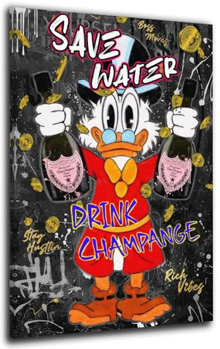 ARTEDinoi Pop Art Duck Save Water Champagner Luxus Erfolg Wandbild Leinwandbild Wanddeko Größe 80x120x2cm