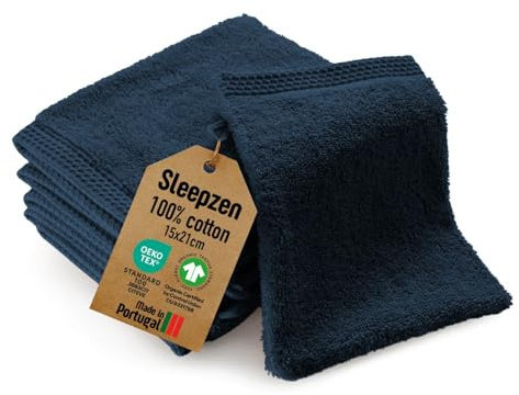 SLEEPZEN - Lot Gant de Toilette Coton Bio (Lot de 6 - Bleu Poséidon) Certifié GOTS - 500 g/m² Certifié Oeko-Tex - Gants de Toilette Ultra-Absorbant - Extra Doux - Fabriqué au Portugal