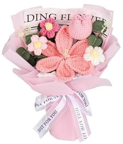YYTECH Crochet Flowers Bouquet Tulips Artificial Flowers Handmade Knitted Bouquet Pink Tulips Flower Crocheted Yarn Flowers for Mother's Day Wedding Anniversary Graduation Birthday