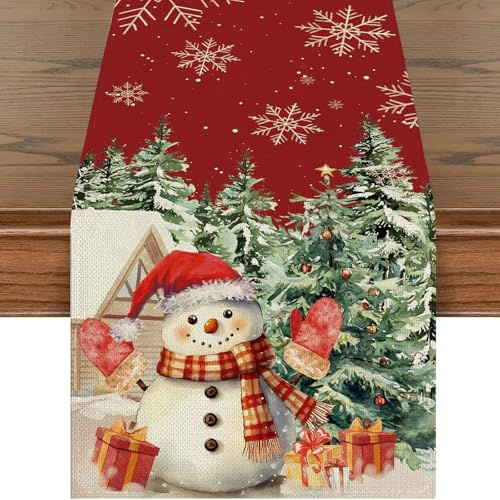 Schneemann Schneeflocke Weihnachten Tischläufer, Weihnachtstischläufer Rot, Weihnachts Tischdeko, Saisonnal Winter Küche Tisch Dekoration Drinnen Urlaub Party Dekor 40x180 cm