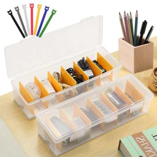 Cable Management Box with Lid - 2 Pcs Data Cable Tidy Case with 7 Compartments and 12 Pcs Cord Ties, Plastic Box for Charger Organiser, Transparent Desk Wire Tidy for Office, Home Charger Storage
