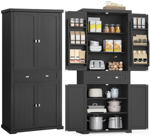 VASAGLE Küchenschrank, Mehrzweckschrank freistehend, 76 x 40 x 182 cm | 2 Schränke, 1 Schublade, 4 verstellbare Ablagen, 6 Türfächer, für Wohnzimmer Küche, Schwarz, HELAN Kollektion BBC561B12
