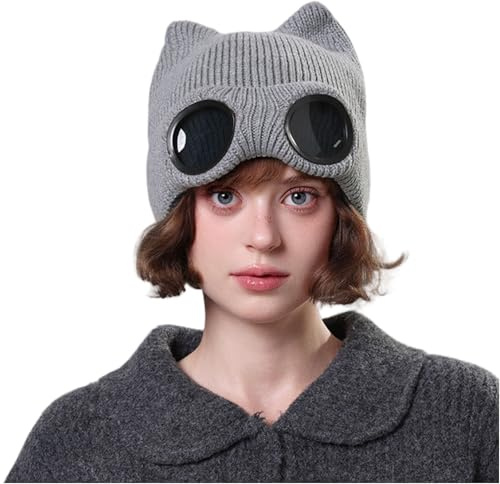 MüTze Damen Winter,WintermüTze Damen,Ski-MüTze,WinddichtMüTze,StrickmüTze Mit Katzenohren Und Integrierten BrillengläSern Modische Kopfbedeckung Gray