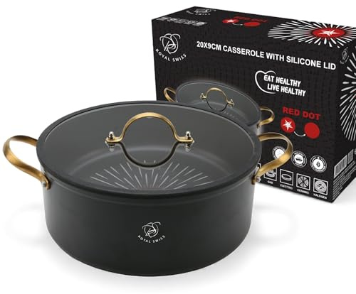 Royal Swiss® Schmortopf 20 cm, Induktionsgeeignet, Marmor-Antihaftbeschichtung, Sauteuse aus Aluminium, Silikondeckel mit Dampfventil, Cool-Touch-Griffe, Schwarz (28cm)