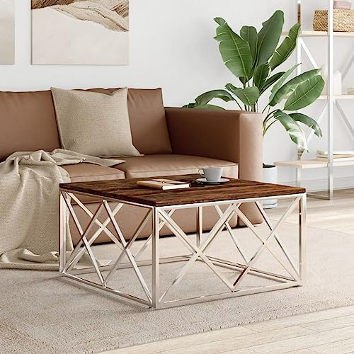 Qnhdfrt Silver Stainless Steel and Reclaimed Wood Coffee Table 80 x 80 x 40 cm with Modern Design for Living Room, Garden or Office Use